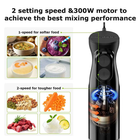 Hella Powerful 300 Watt Immersion Hand Blender Wand with 2-speed settings for soft and tough food mixing performance.