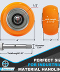 Four By Two Inch Heavy Duty Caster Wheels Set Of Fifty, Industrial Aluminum Core And Polyurethane Crowned Tread providing eight hundred pound load rating per wheel, measuring 4 inches by 2 inches.
