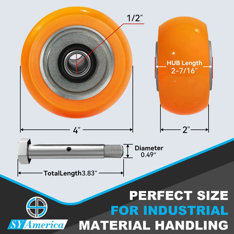 Four By Two Inch Heavy Duty Caster Wheels Set Of Fifty, Industrial Aluminum Core And Polyurethane Crowned Tread providing eight hundred pound load rating per wheel, measuring 4 inches by 2 inches.