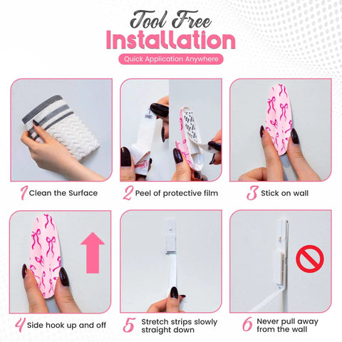 Totally Dope Pink Bow Adhesive Wall Hooks With Heavy Duty Grip Strips For Drama Free Peel And Stick Mounting installation steps
