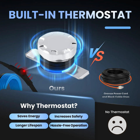 Infographic comparing self-regulating heating cables with built-in thermostat for freeze protection vs. standard heat tapes.