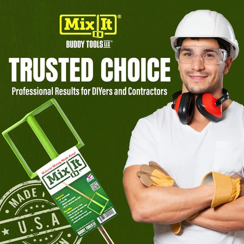 Mix It 20 Inch Mud And Paint Mixer With Durable ABS Paddle and smiling worker in hard hat on green background.