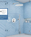 Bathroom with High Pressure 12 Inch Rainfall Shower Head Set With Boss-Grade Brass Rough-In Valve, wall-mounted, chrome finish.