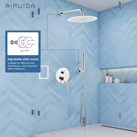 Bathroom with High Pressure 12 Inch Rainfall Shower Head Set With Boss-Grade Brass Rough-In Valve, wall-mounted, chrome finish.