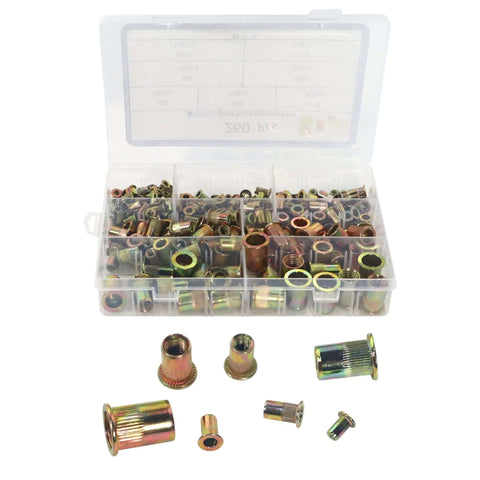 Rock Solid 260 Piece Rivet Nut Assortment Kit Featuring Metric M3 to M12 Inserts For Metal And Carbon Steel Projects With Yellow Zinc Plating Finish, plastic case