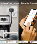 Smart Plug 4-Pack With Energy Monitoring, 15A 1800W Outlet, shown with coffee maker and smartphone control app.