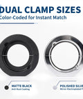 Dual clamp sizes for Top Notch 85Mm Front Hub Bearing Removal And Installation Kit in matte black and polished silver finishes.