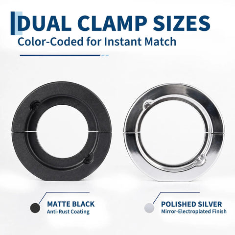 Dual clamp sizes for Top Notch 85Mm Front Hub Bearing Removal And Installation Kit in matte black and polished silver finishes.
