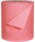 Heavy Duty Red Quick Rags Jumbo Roll For Industrial Cleaning 475 Sheets Per Roll One Roll Per Case, red wiper roll close-up.
