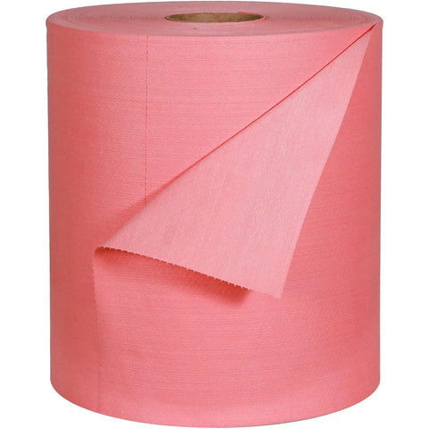 Heavy Duty Red Quick Rags Jumbo Roll For Industrial Cleaning 475 Sheets Per Roll One Roll Per Case, red wiper roll close-up.