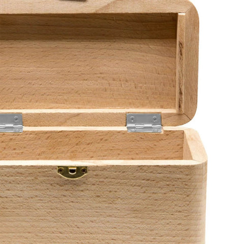 Open wooden box showing installed durable mini hinges for wooden boxes and jewelry boxes with nails in silver copper finish 75-pack.