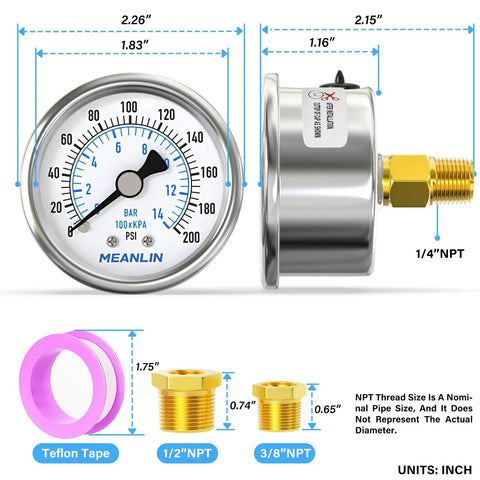 Stainless Steel Dry Pressure Gauge Pro Grade 0 to 200 Psi With 2 Inch Dial Center Back Mount For Air Compressors