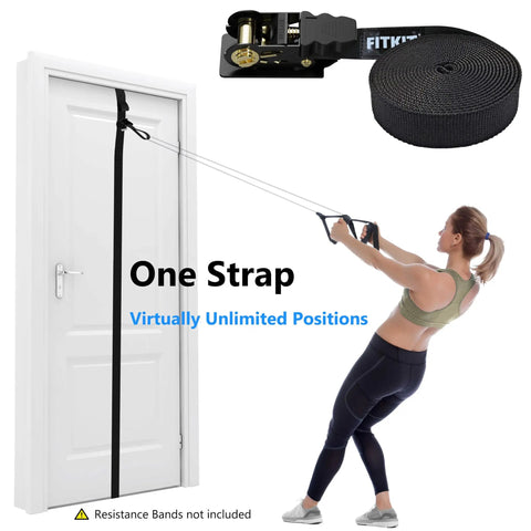 Slick Sliding Door Anchor For Resistance Bands Featuring Legit Height Adjustments For Seamless Home Gym Routines Total Flex Workouts in use on a door.