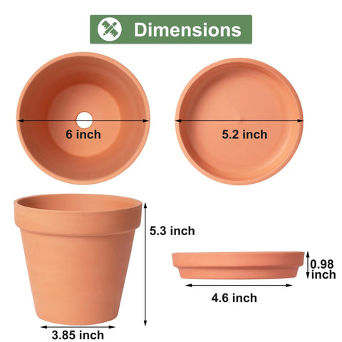 Dimensions of 6 Inch Terracotta Clay Pots With Saucers Pack Of Four For Indoor And Outdoor Home Gardens With Drainage Holes