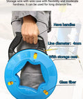 Person holding 4mm 150-Foot Steel Wire Puller With Storage Case, showing handles, storage case, and line diameter.
