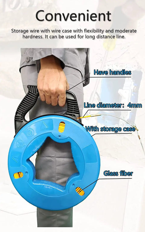 Person holding 4mm 150-Foot Steel Wire Puller With Storage Case, showing handles, storage case, and line diameter.