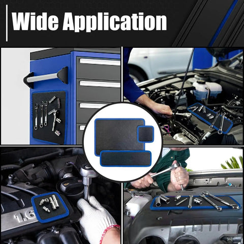 Flexible PVC Magnetic Tool Mat Set With Three Pad Sizes 12.8 By 9.64 Inches 12.8 By 4.1 Inches And 4.33 By 4.33 Inches For Holding Screws Nuts Bolts And Sockets On Hoods Toolboxes And Metal Surfaces In Garage Or Auto Repair, wide application in engine bay and toolbox