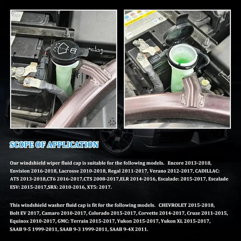Windshield Washer Fluid Reservoir Cap Replacement For Chevy GMC Buick Cadillac, shown installed on vehicle, durable plastic, easy install