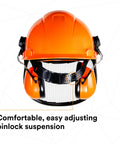 Lumberjack Hard Hat System With Pinlock Suspension, Mesh Visor, Peltor Ear Muffs, Debris And Water Sealer, front view