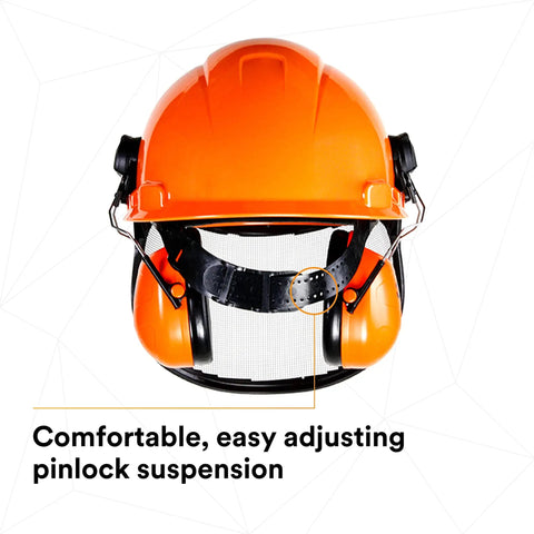 Lumberjack Hard Hat System With Pinlock Suspension, Mesh Visor, Peltor Ear Muffs, Debris And Water Sealer, front view
