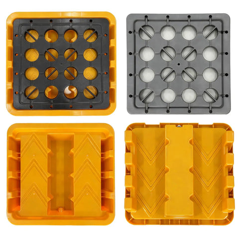 Four views of a Modular Spill Containment Platform 2000 Lbs Capacity With Drain Outlet And Forklift Pockets Stackable Leakproof Tray