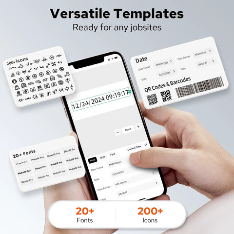 Heavy Duty Industrial Label Maker With Slick Bluetooth Pairing And No Sweat Job Site Organization Featuring Crisp 300 Dpi Prints On Half Inch Self Laminating Nylon Rolls Plus Heat Shrink Tubing For Electrical Wiring Tasks showcasing versatile templates on a smartphone.
