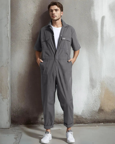 Men's Short Sleeve Coveralls Lightweight Breathable Mechanic Work Jumpsuit Summer in gray color with utility pockets.