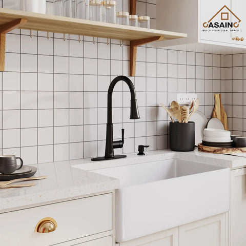 Matte Black No Touch Kitchen Faucet With Pull Down Sprayer And LED Indicator in modern kitchen setup