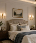 BZXNC Indoor Wall Sconce Fixture, 13" Modern Reading, White Fabric Brass illuminating a cozy bedroom setting.