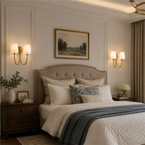 BZXNC Indoor Wall Sconce Fixture, 13" Modern Reading, White Fabric Brass illuminating a cozy bedroom setting.