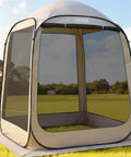 Beige 6x6 Ft Pop Up Screen Tent For 4 To 8 People Portable Screen Room Gazebo With Netting Carry Bag Ground Stakes Ideal For Patio Backyard Hangouts And Outdoor Gatherings shown in an open outdoor setting.