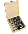 Open wooden box displaying Auger Drill Bit Set For Wood With Patented 3 Cutter Head And Quad Point Tip 8 Piece Hex Shank Wood Drill Bits.