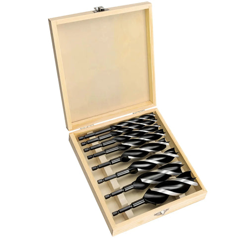 Open wooden box displaying Auger Drill Bit Set For Wood With Patented 3 Cutter Head And Quad Point Tip 8 Piece Hex Shank Wood Drill Bits.