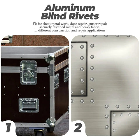 Aluminum blind rivets securing metal box, 140pc Aluminum Blind Rivet Kit With Open End Pop Rivets Smooth Dome Heads Long Grip Fasteners