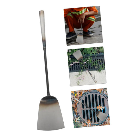 Long Handle Gutter Cleaning Shovel Set 4 Pack shown with uses in cleaning debris from street and garden