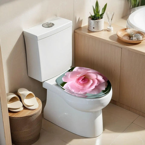Elongated Toilet Seat for Bathroom with pink rose design on top, fitting standard elongated toilet, modern bathroom decor.