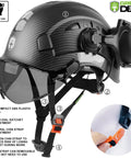 Top Shelf Vented Hard Hat Featuring Bluetooth Hearing Protection And Dual Layer Drop Down Visor For Hella Rugged Construction Sites And Outdoor Forestry Storage Bag, showing adjustable features and visor.