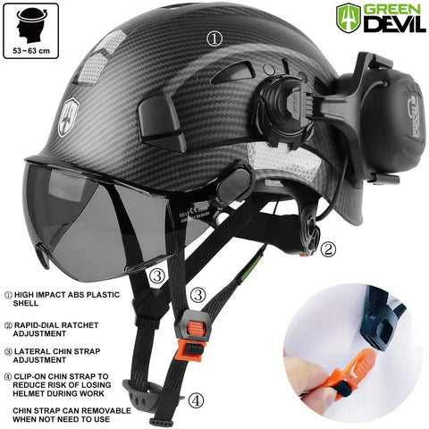Top Shelf Vented Hard Hat Featuring Bluetooth Hearing Protection And Dual Layer Drop Down Visor For Hella Rugged Construction Sites And Outdoor Forestry Storage Bag, showing adjustable features and visor.