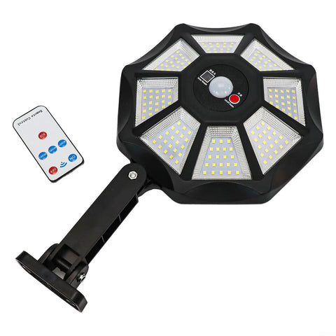 Solar Flood Light 168LED Motion Sensor IP66(168LED) with remote, octagonal design, showcasing LED beads for outdoor use.