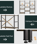 Four Tier Book Shelf With Sturdy Metal Frame featuring adjustable shelves, X-shape crossbar, and adjustable feet pad, rustic brown finish.
