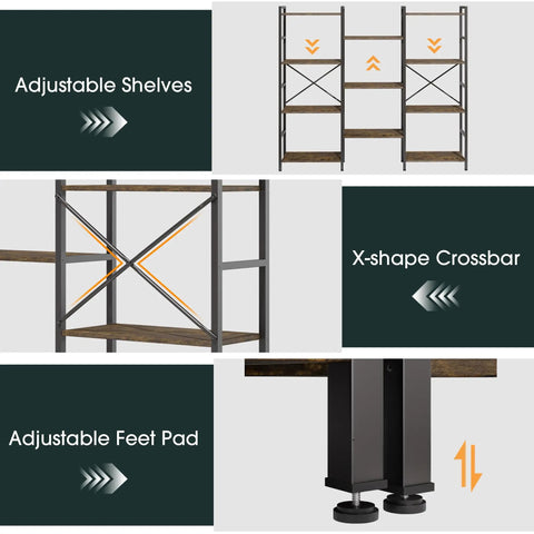 Four Tier Book Shelf With Sturdy Metal Frame featuring adjustable shelves, X-shape crossbar, and adjustable feet pad, rustic brown finish.