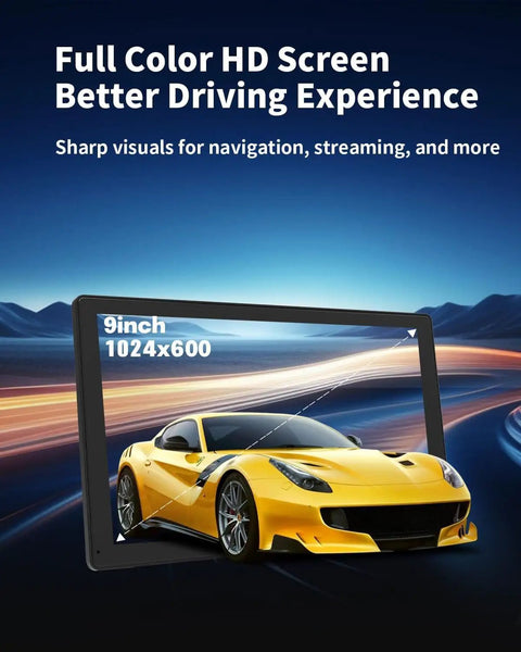 9 Inch Wireless CarPlay Screen For Cars With Android Auto, Touch Screen Display showing car and navigation graphics