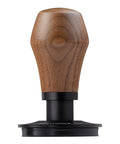 Heavy Duty Spring Loaded Espresso Coffee Tamper With Solid American Walnut Handle And Durable Titanium Base viewed from the top.