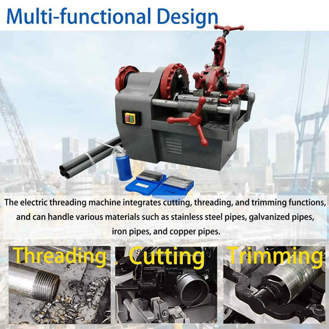 Electric Pipe Threader Machine 110V All In One Threading Cutting And Reaming Tool For Water Gas And Electrical Conduits With Dual Clamping And Self Oiling System Covering Half Inch To Two Inch Workhorse, threading and cutting steel pipes