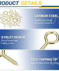 No Mess Heavy Gold Screw Eye Hooks Four Count Featuring Knockout Carbon Steel Build Rock Solid Thread Grip For DIY Projects, carbon steel eyelet design.