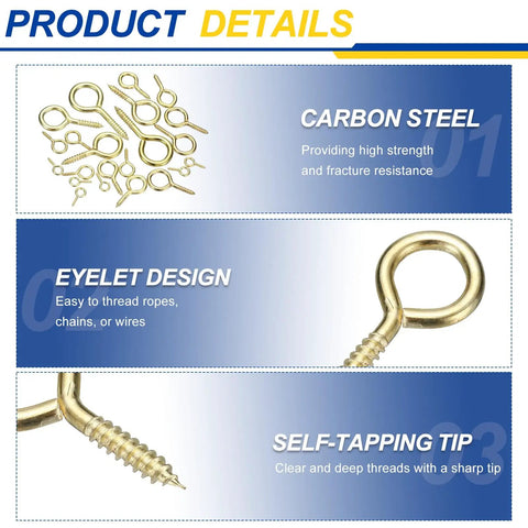 No Mess Heavy Gold Screw Eye Hooks Four Count Featuring Knockout Carbon Steel Build Rock Solid Thread Grip For DIY Projects, carbon steel eyelet design.
