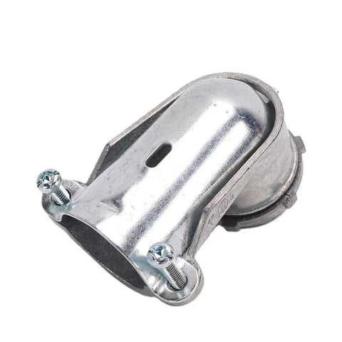 Rock Solid 90 Degree Squeeze Connector For 1 Inch AC MC And Flexible Metal Conduit No Sweat Quarter Turn Routing durable zinc alloy fitting side view.