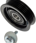 Angled front view of Dorman 419-521 belt idler pulley; black plastic body with metal bearing, mounting bolt included