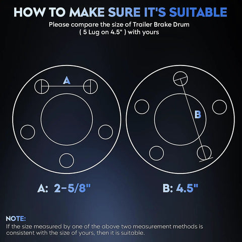 Instructional diagram showing how to measure 5 lug 4.5 inch Trailer Brake Drum for Beefy 10 Inch Electric Brake Drum Kit Pair.