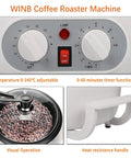 Close-up of Electric Home Coffee Roaster For Beans And Nuts 110V Kitchen Roaster controls and roasting chamber with beans inside.